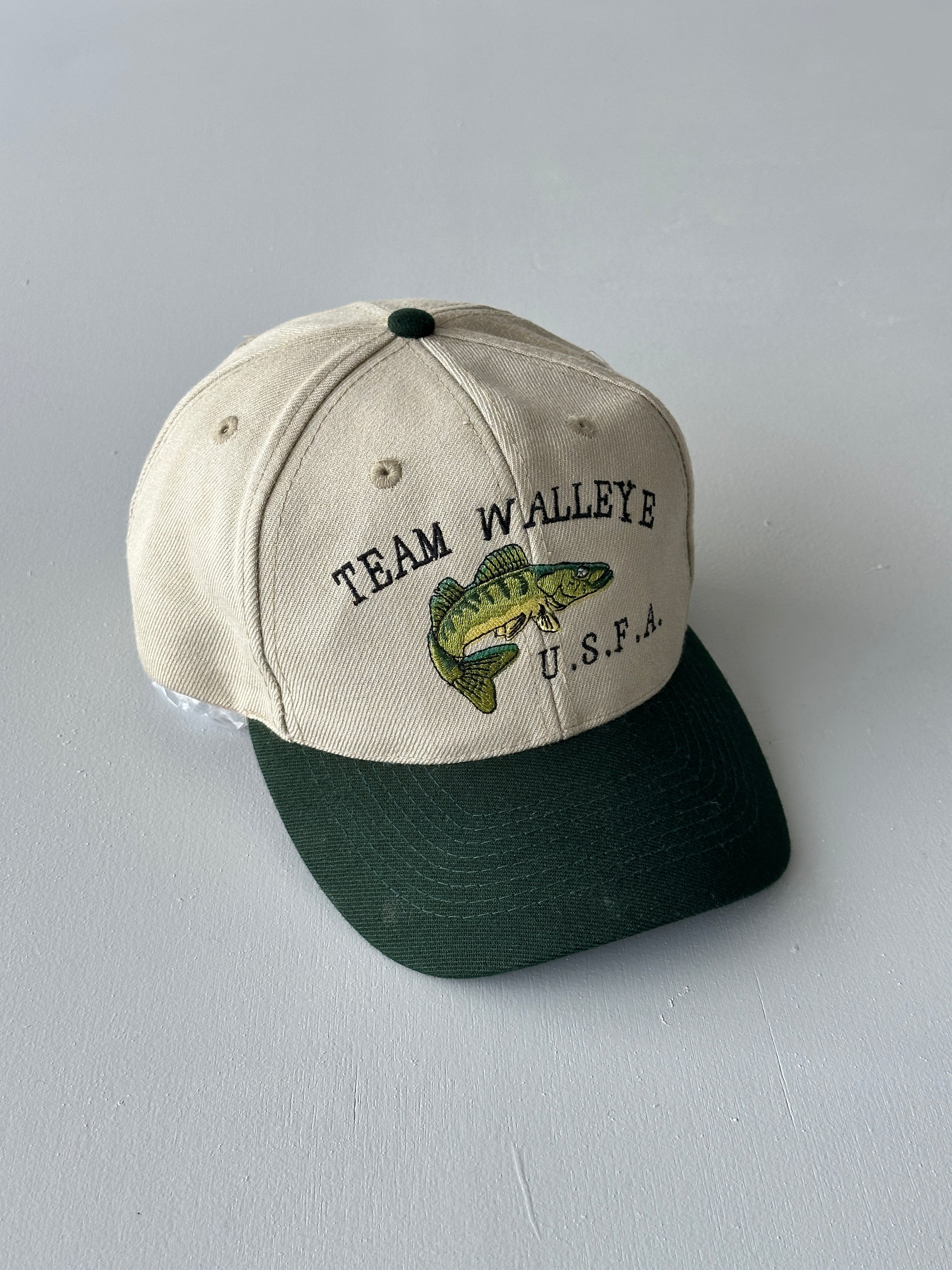 Stone / Green Team Walleye U.S.F.A. 90's Vintage SnapBack Trucker Cap