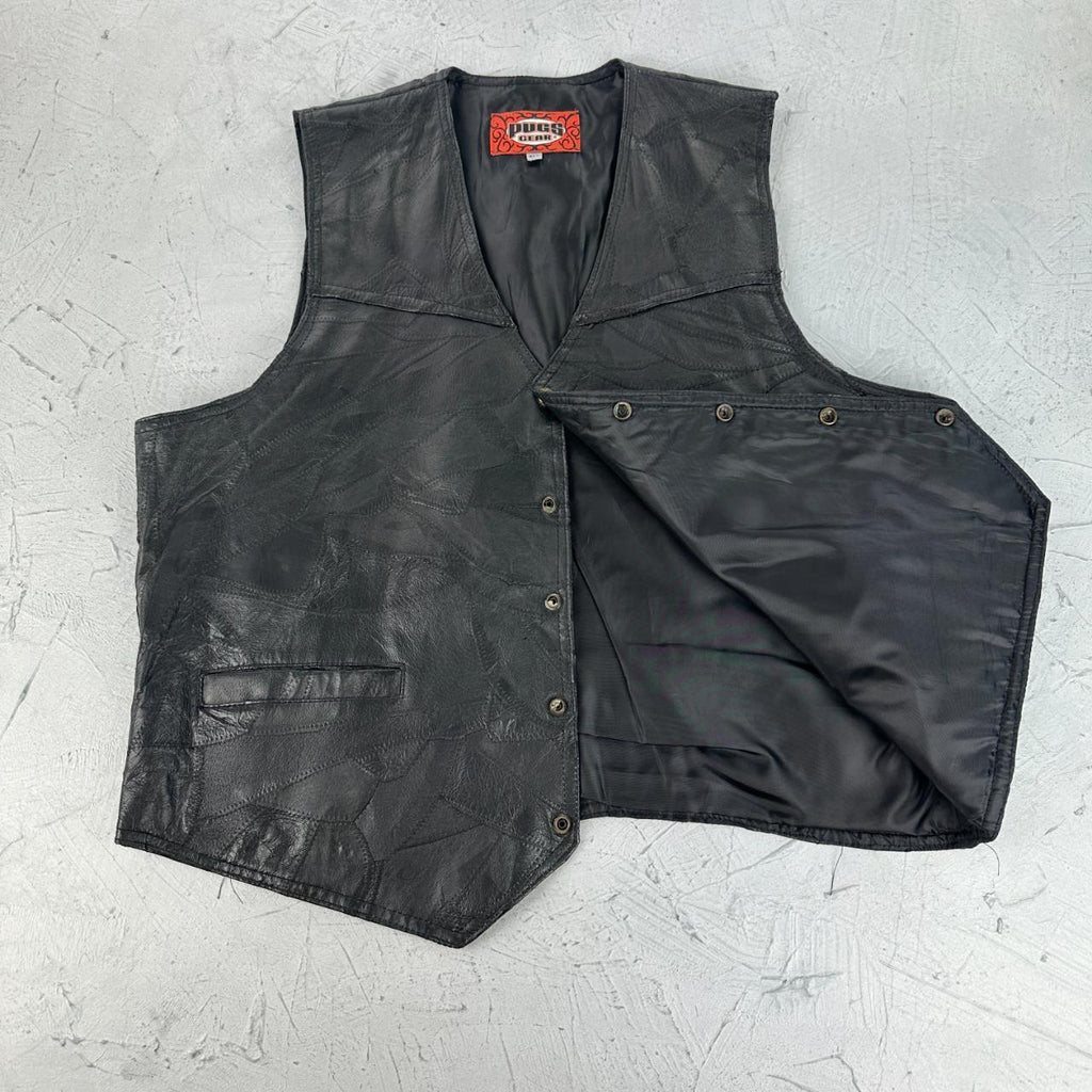 Black Leather 90s Patchwork Biker Waistcoat - Large