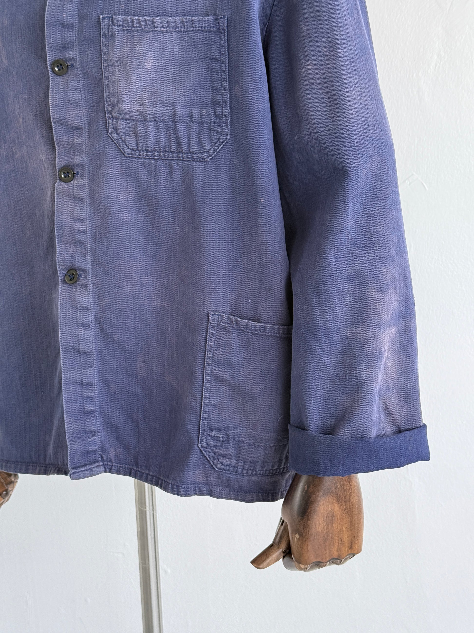 Thrashed Blue Herringbone French Vintage Workwear Chore Jacket CH363 - Large