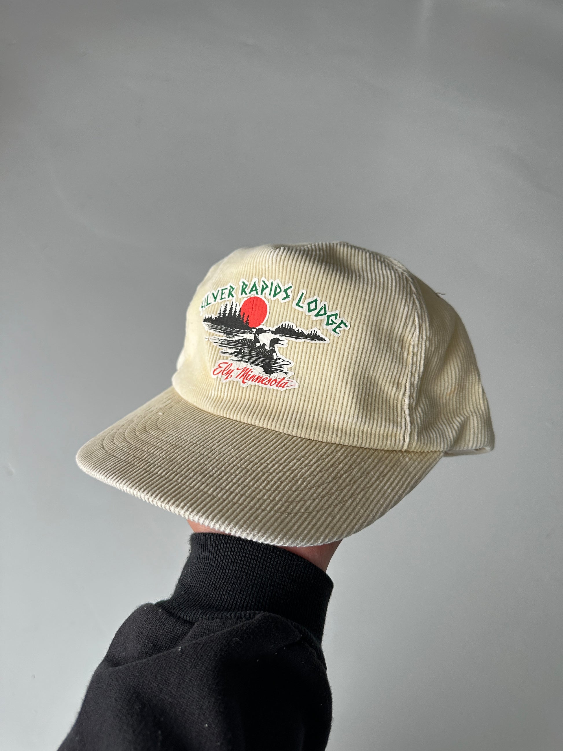 Cream Silver Rapids Lodge 90's Vintage Corduroy SnapBack Trucker Cap