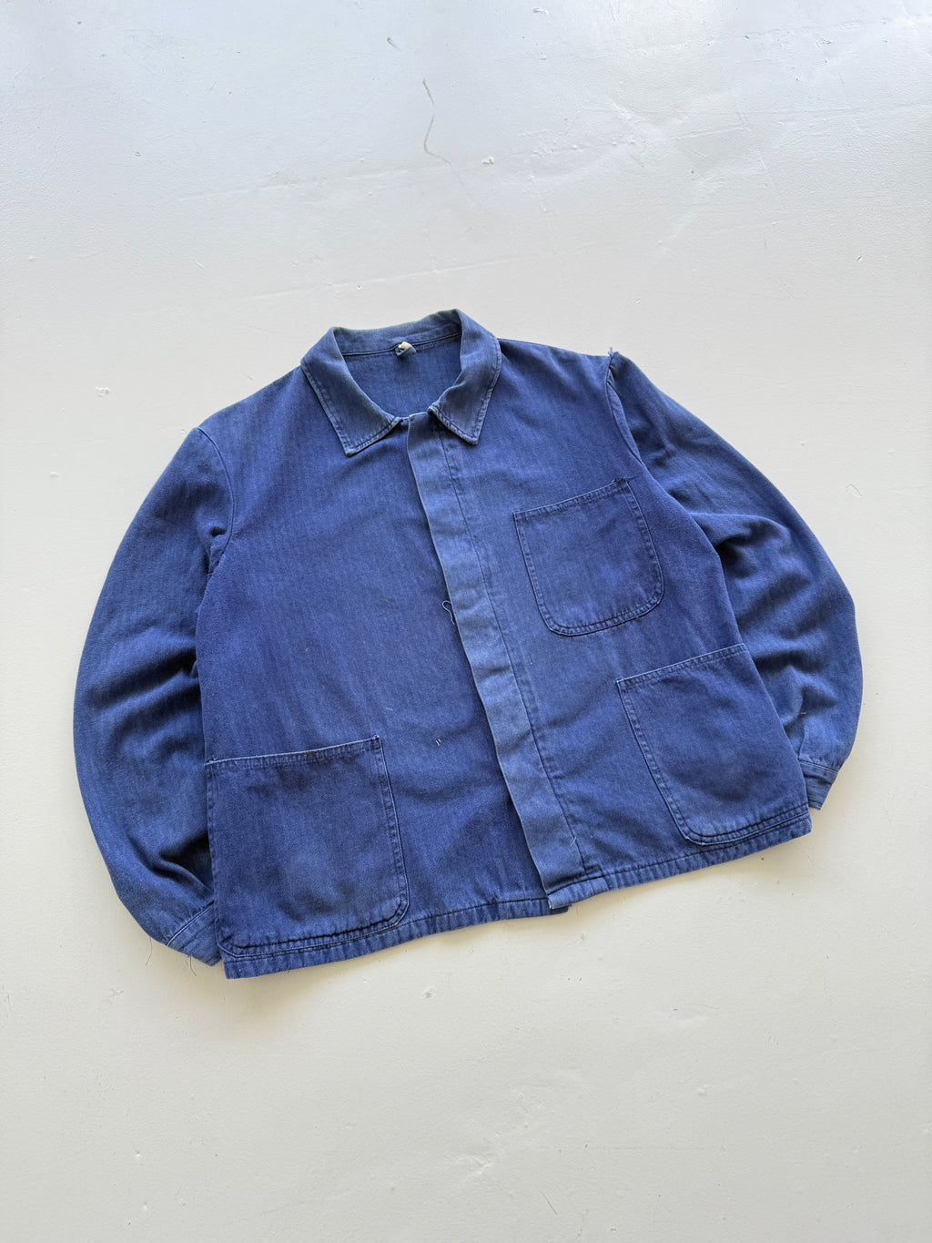 Faded Blue French Herringbone Vintage Workwear Chore Jacket CH357 - Small
