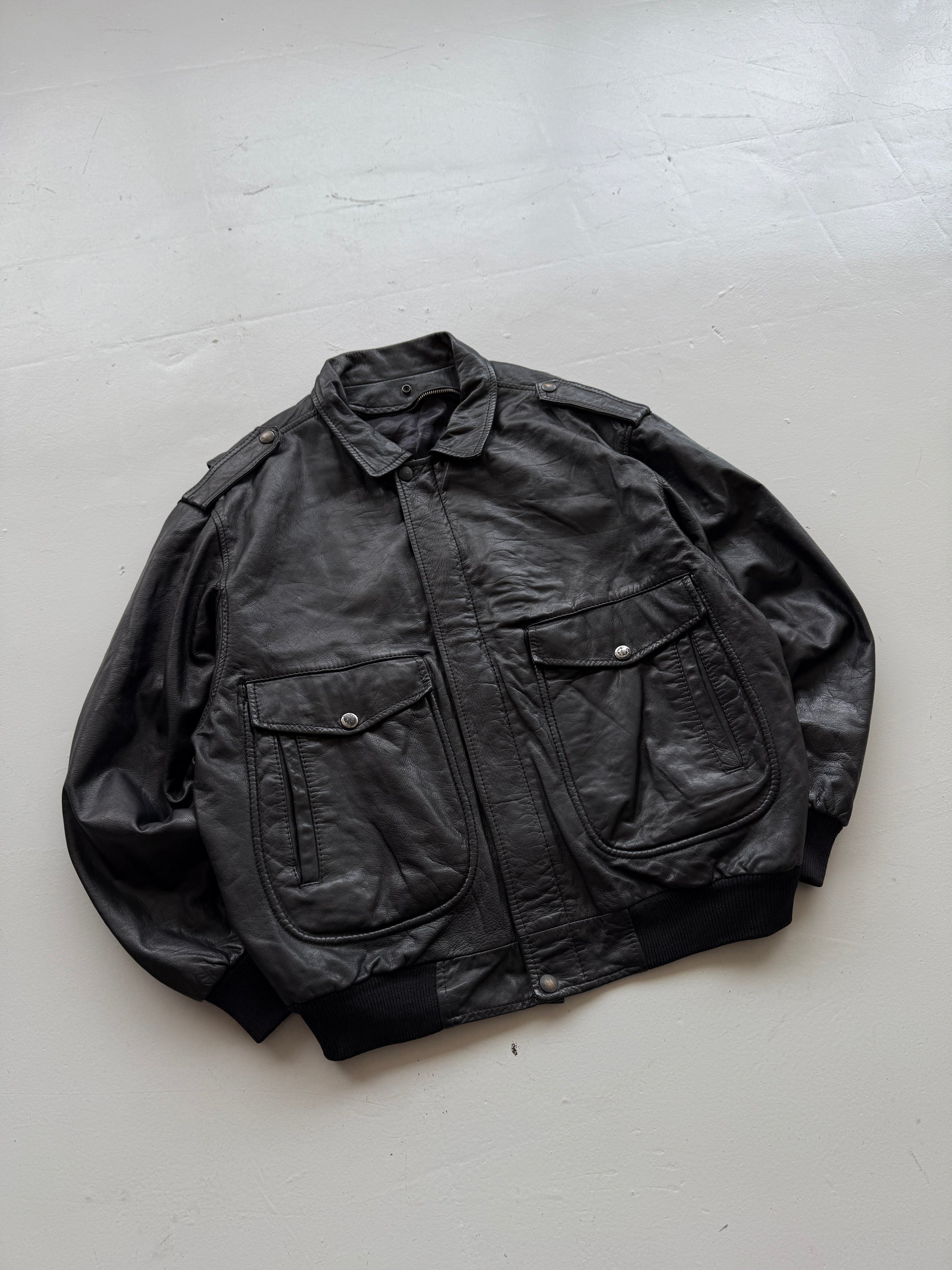 Black A2 Leather Vintage Aviation Bomber Jacket 002 - Large