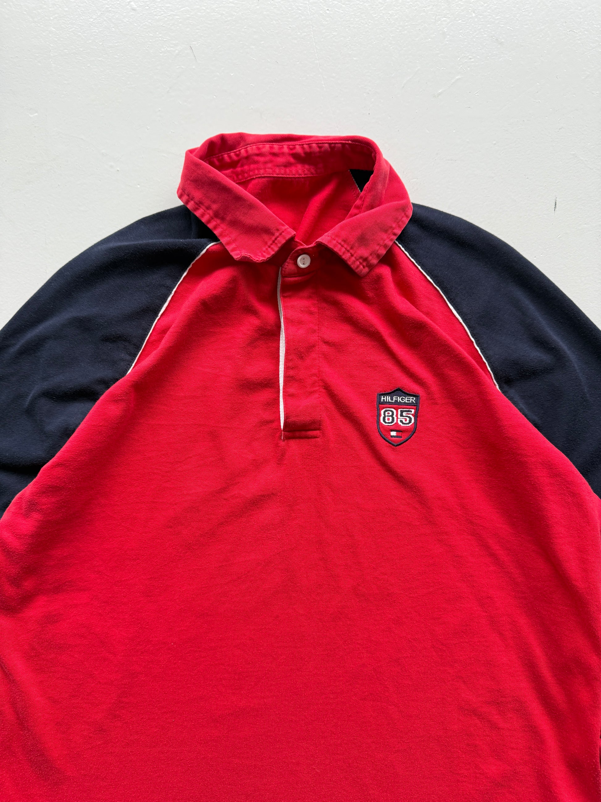Red Tommy Hilfiger 00's Vintage Y2K Long Sleeve Rugby Polo Shirt - Medium