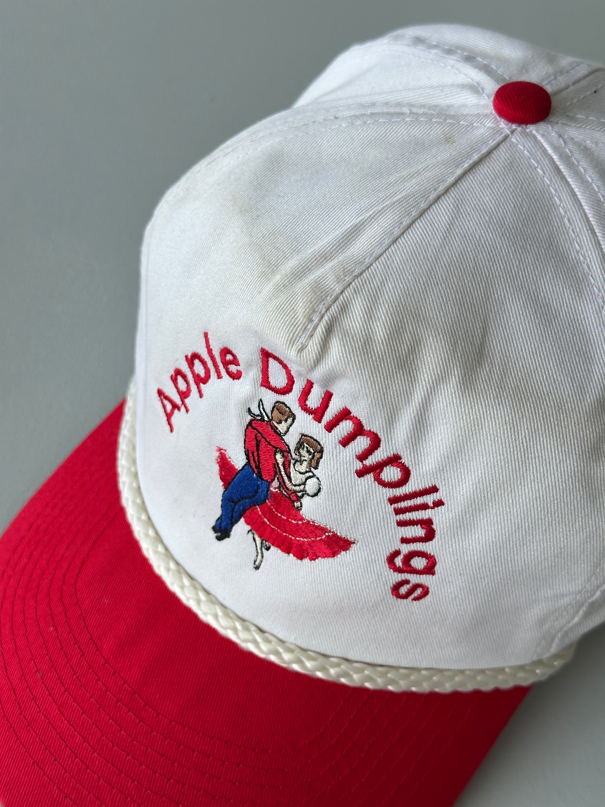 White / Red Apple Dumplings Square Dancing 90's Vintage SnapBack Trucker Cap