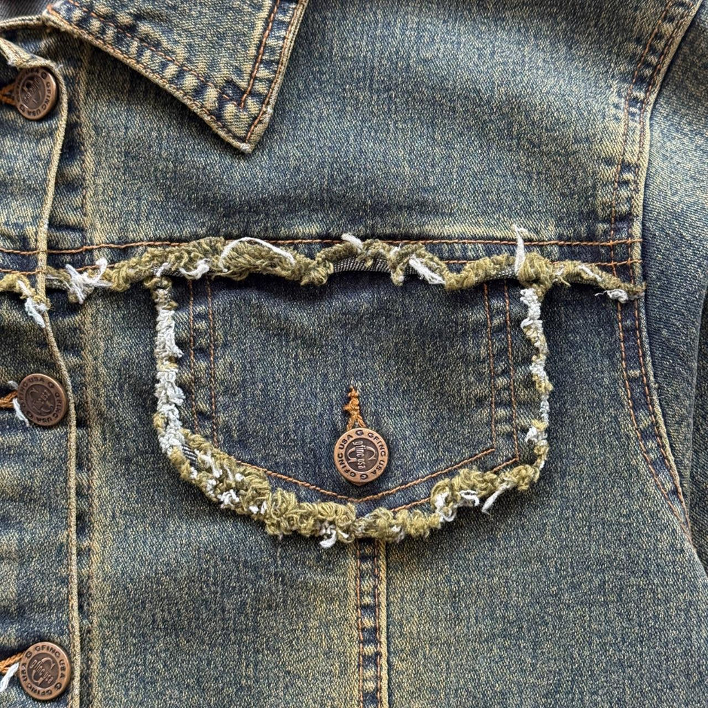 Blue Green Y2K Distressed Denim Jacket - Medium