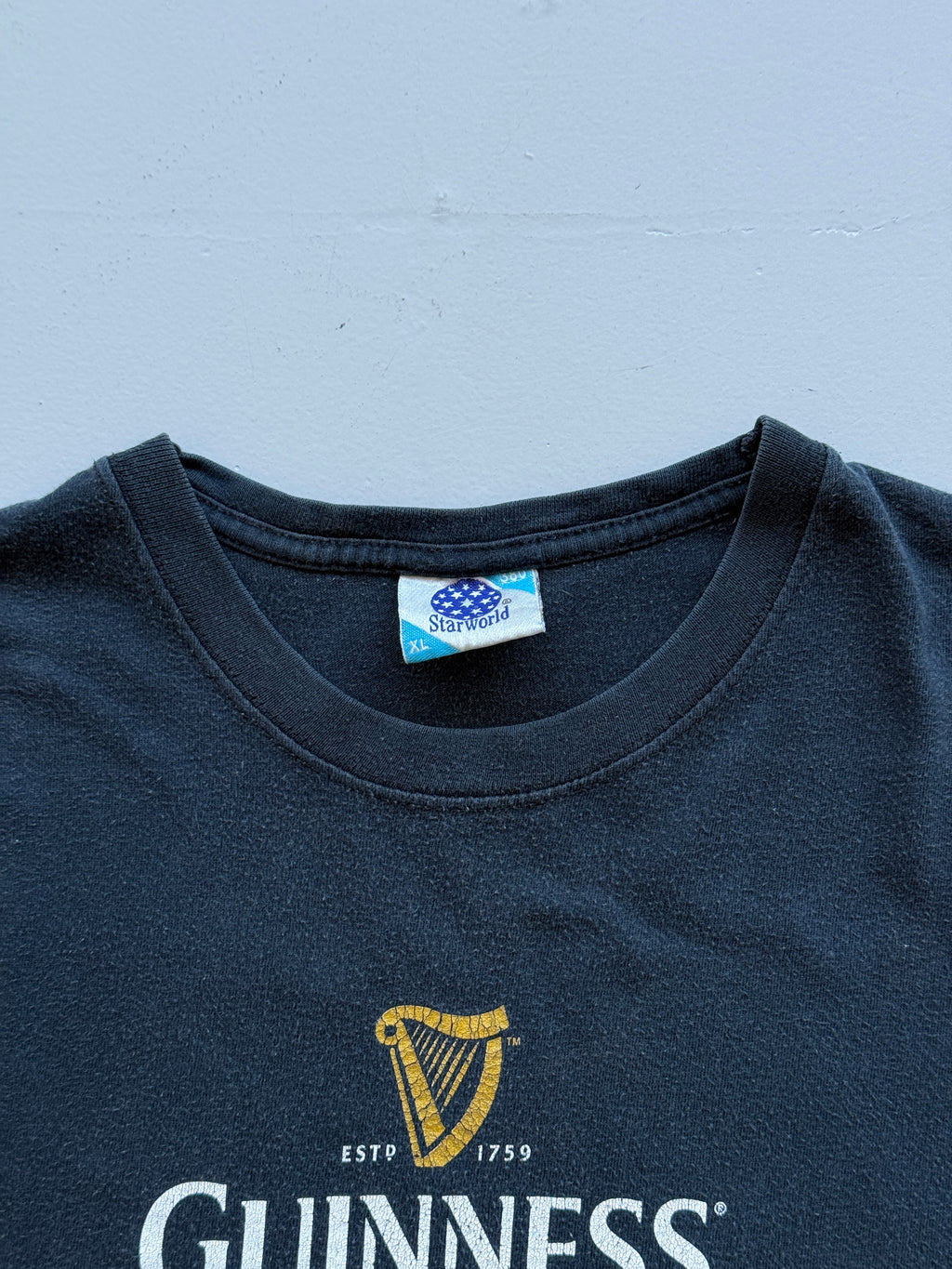 Faded Black Guinness 00's Vintage St Patricks Day Graphic T-Shirt- XL