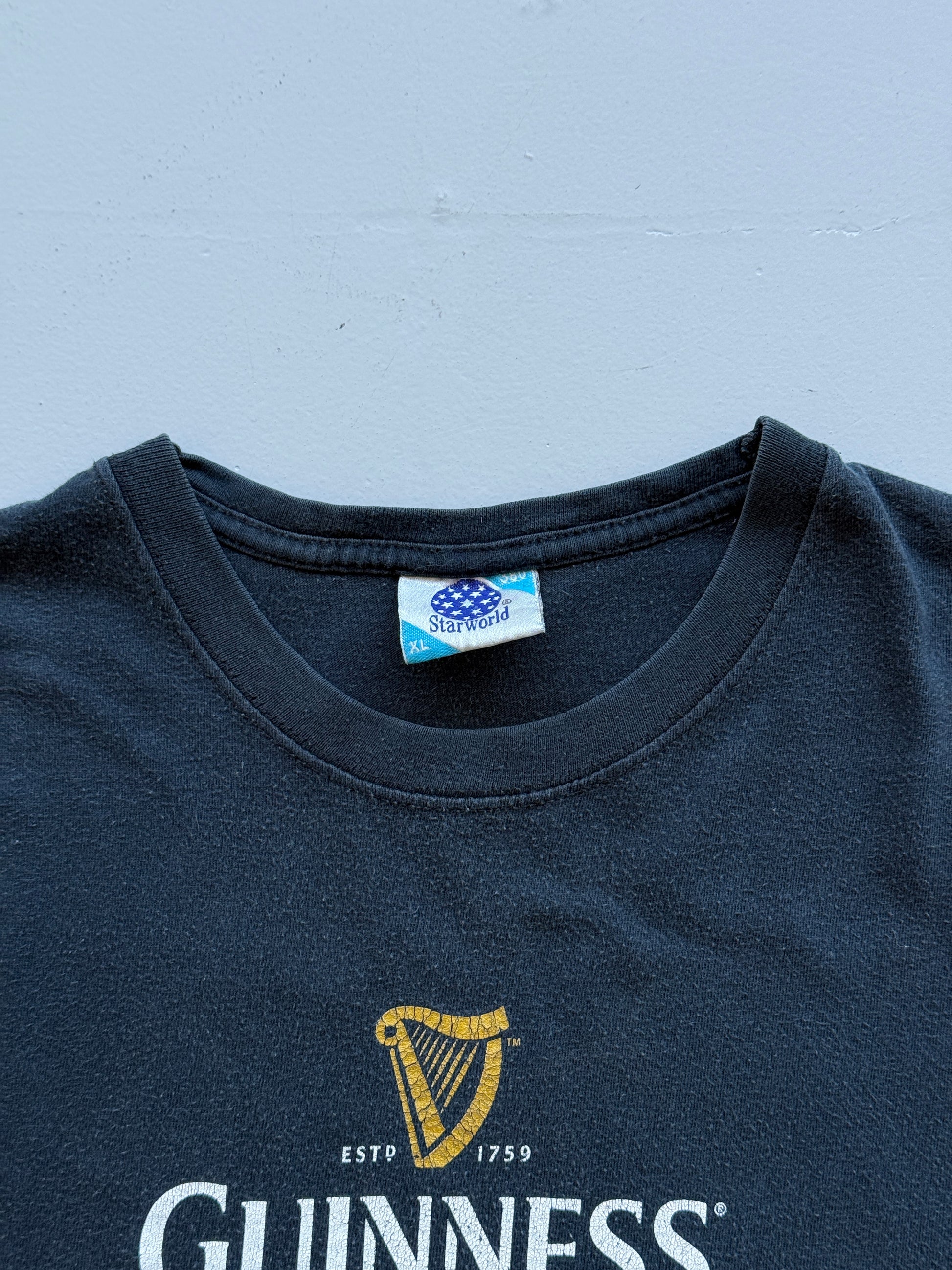 Faded Black Guinness 00's Vintage St Patricks Day Graphic T-Shirt- XL