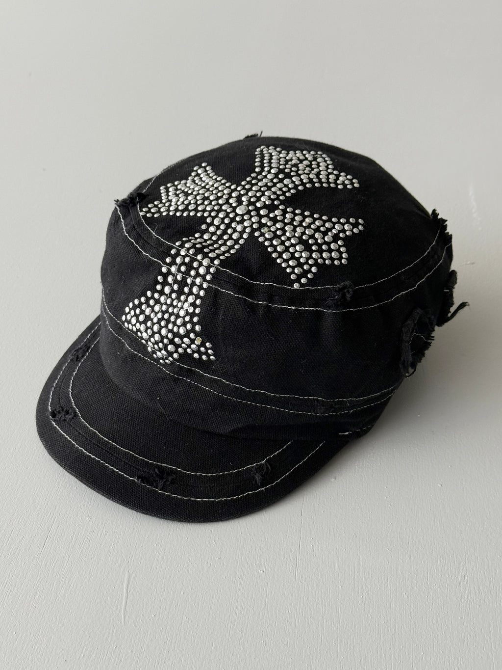 Black Studded Crucifix Y2K Cadet Cap Military Style 00's Grunge Aesthetic