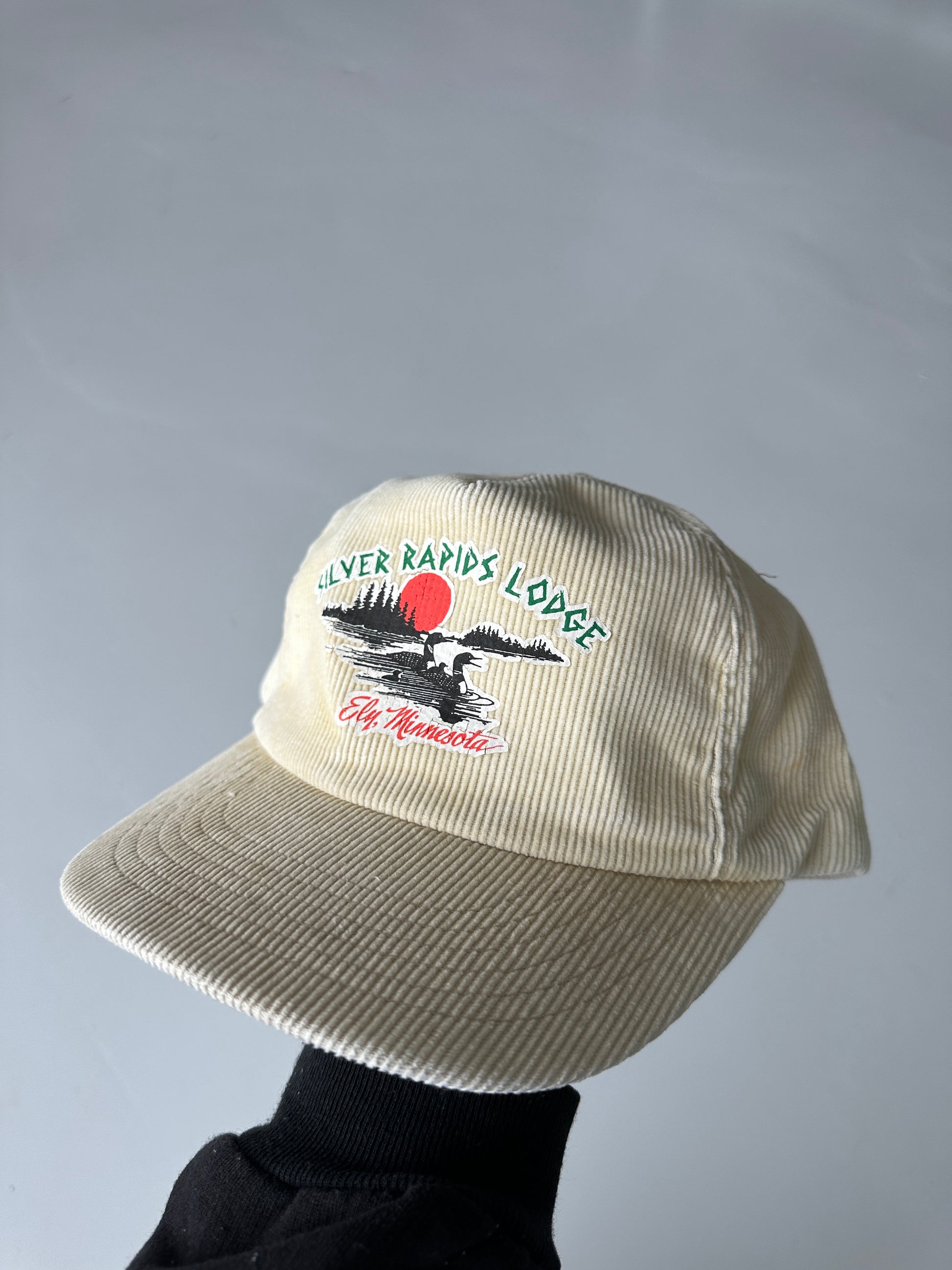 Cream Silver Rapids Lodge 90's Vintage Corduroy SnapBack Trucker Cap