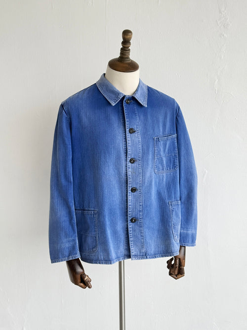 Faded Blue Herringbone French Vintage Workwear Chore Jacket CH385 - Medium