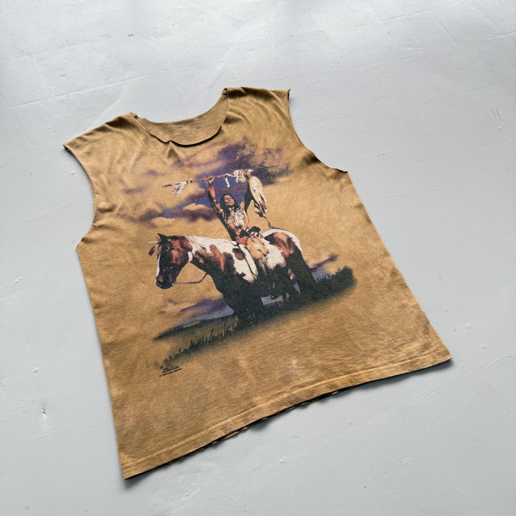 Yellow Native American 90s Vintage Graphic Hand Cut T-shirt Vest - XL