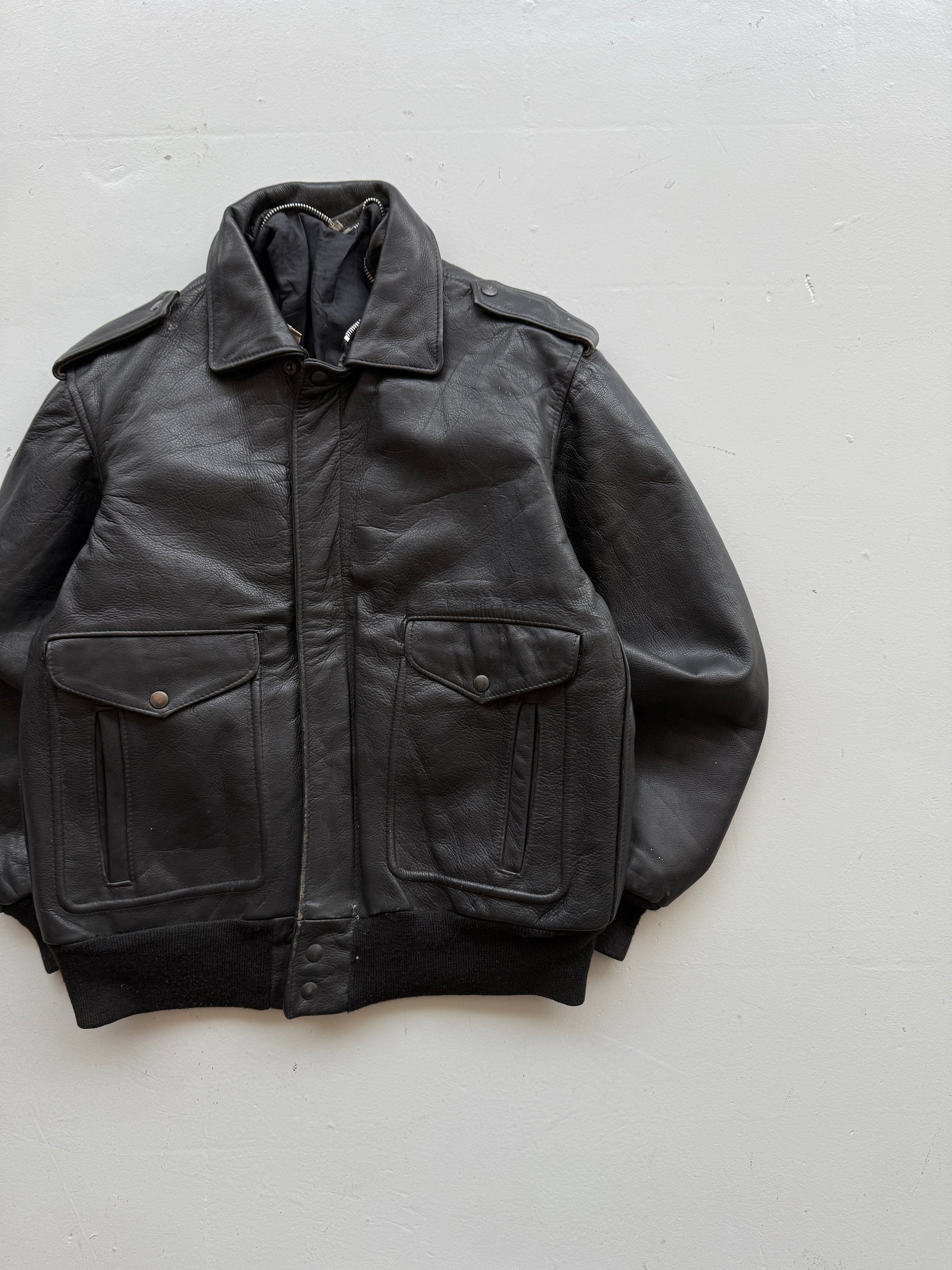 Black A2 Leather Vintage Aviation Bomber Jacket 003 - Medium