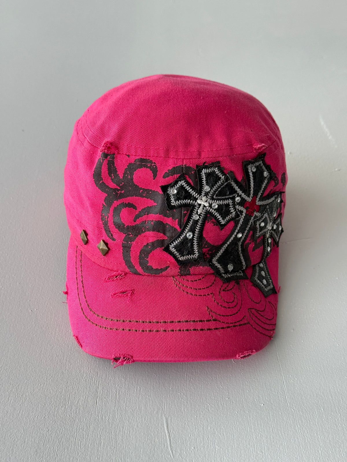 Pink Crucifix Y2K Cadet Cap Military Style 00's Grunge Aesthetic