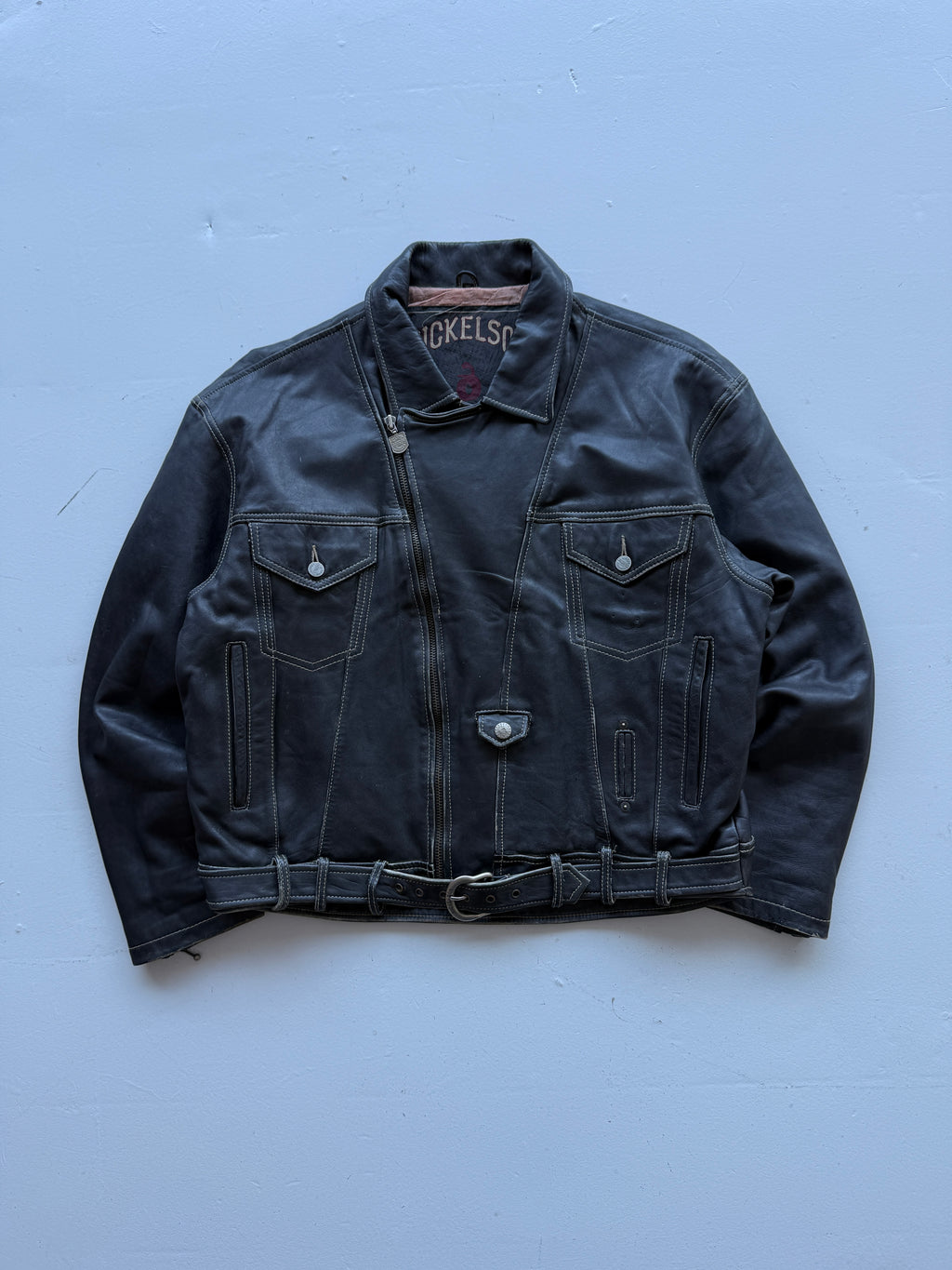 Black Nickleson Leather Vintage 90's Biker Jacket - Large