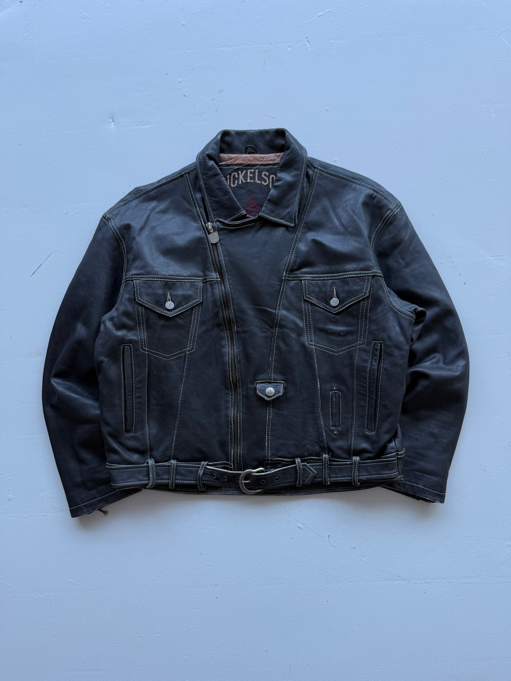 Black Nickleson Leather Vintage 90's Biker Jacket - Large