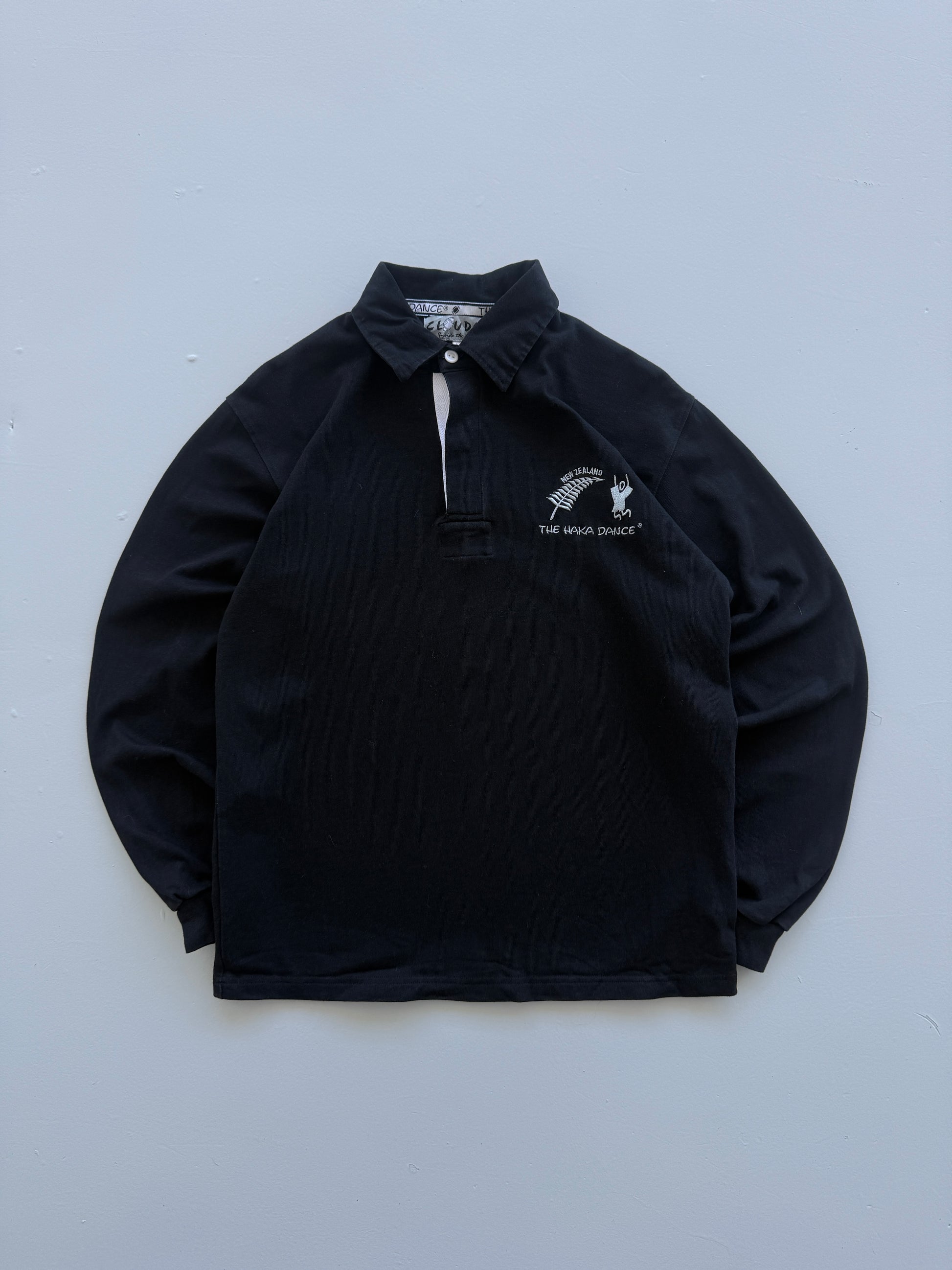 Black New Zealand Rugby 00's Vintage Haka Dance Graphic Polo Shirt - Medium