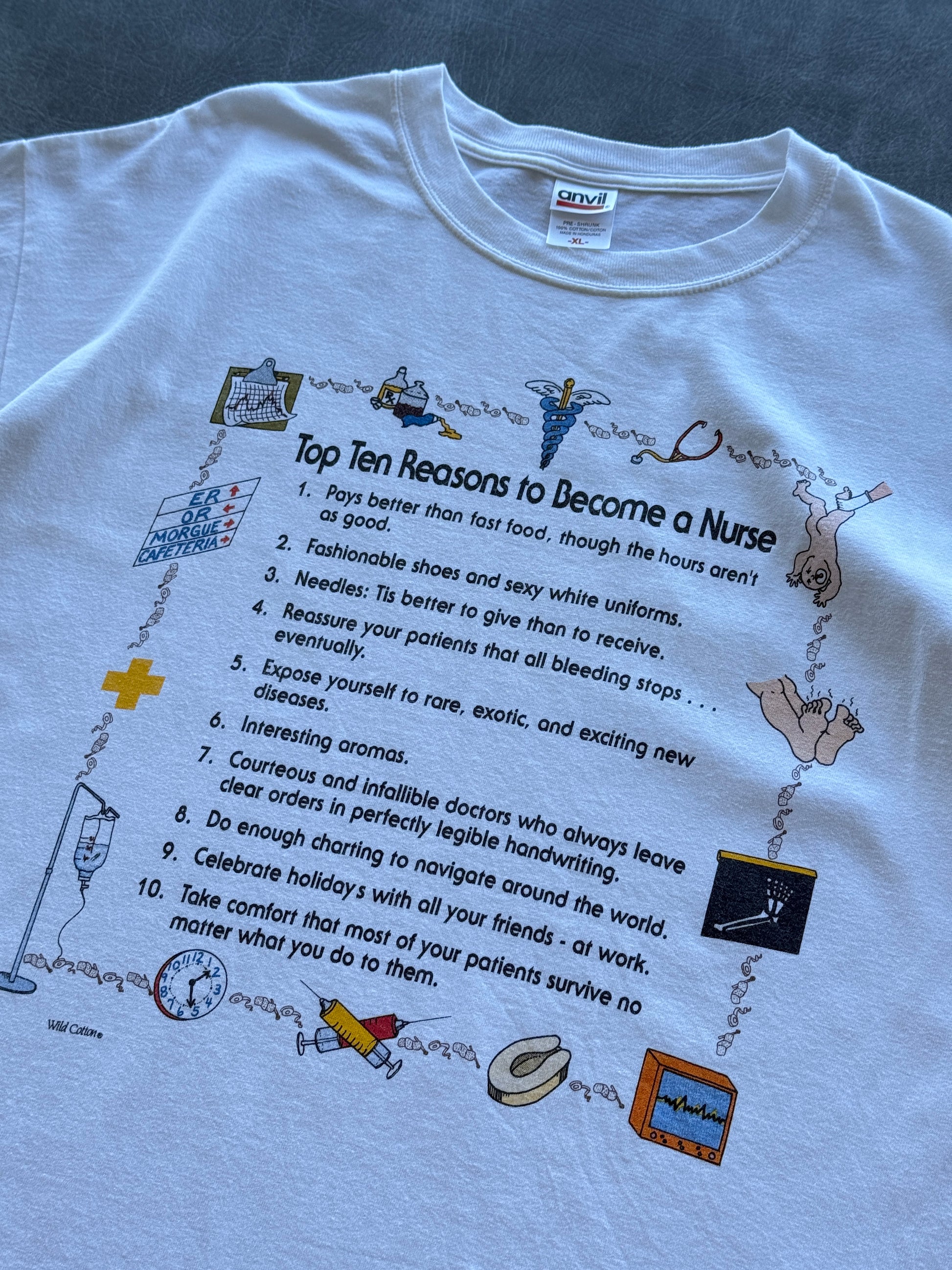 White Top Ten Reasons to Become a Nurse 90's Vintage Graphic T-Shirt - XL
