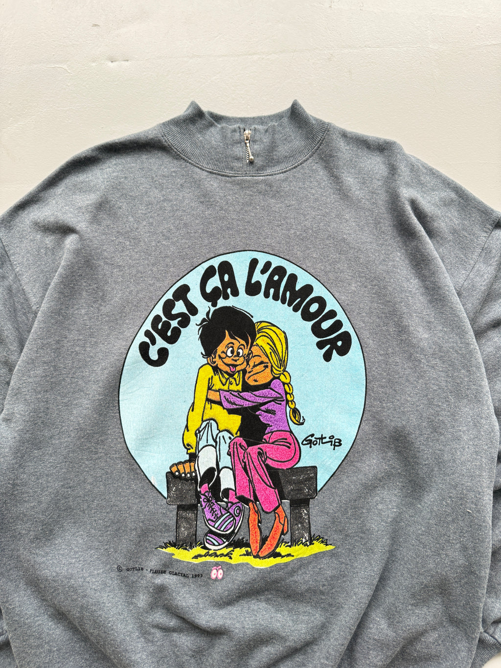 Grey French Cartoon 90's Vintage Graphic Sweatshirt Jumper - Large