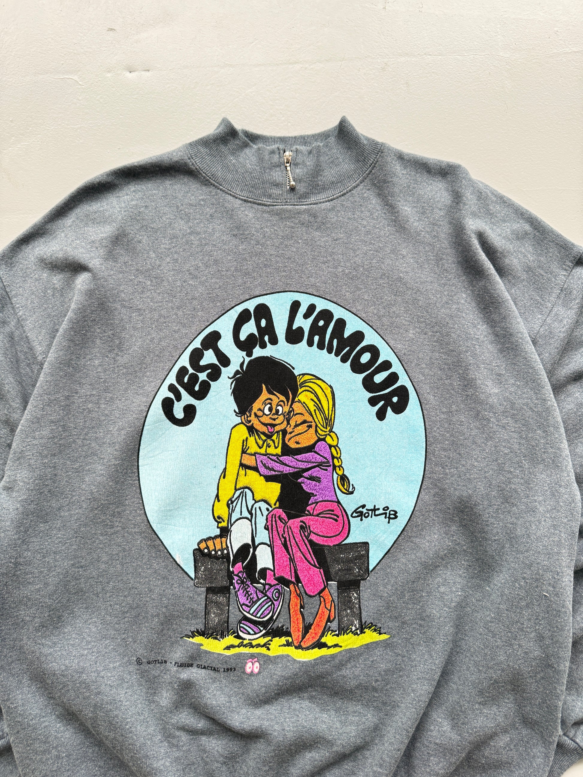 Grey French Cartoon 90's Vintage Graphic Sweatshirt Jumper - Large