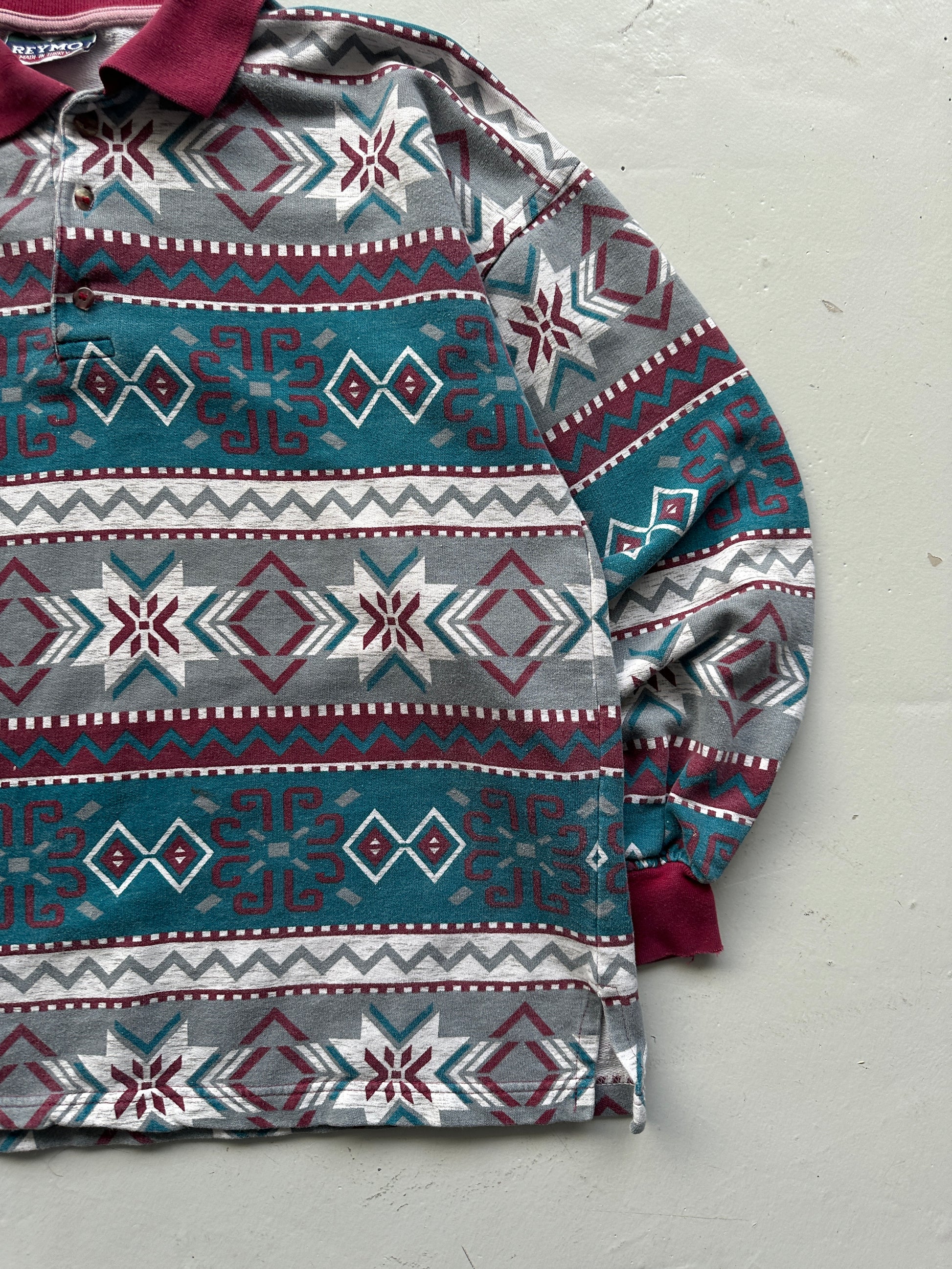 Patterned 90's Quarter Button-Up Vintage Polo Sweatshirt - Small