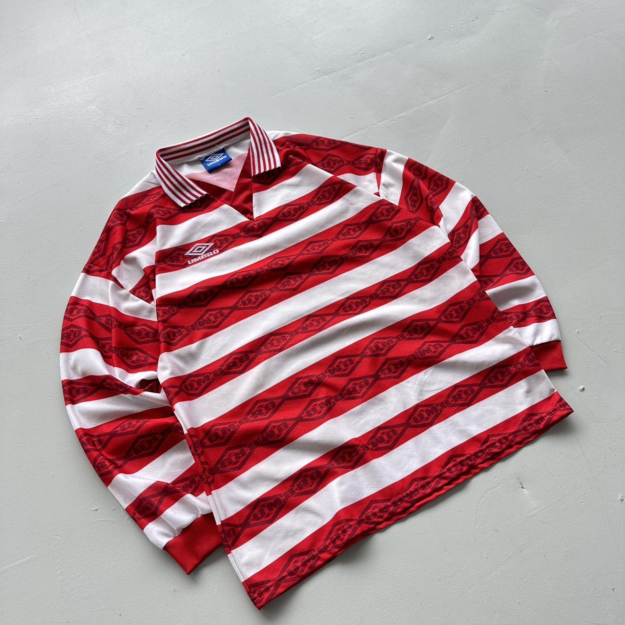 Red Striped 90's Umbro Football Long Sleeved Vintage Shirt - Large