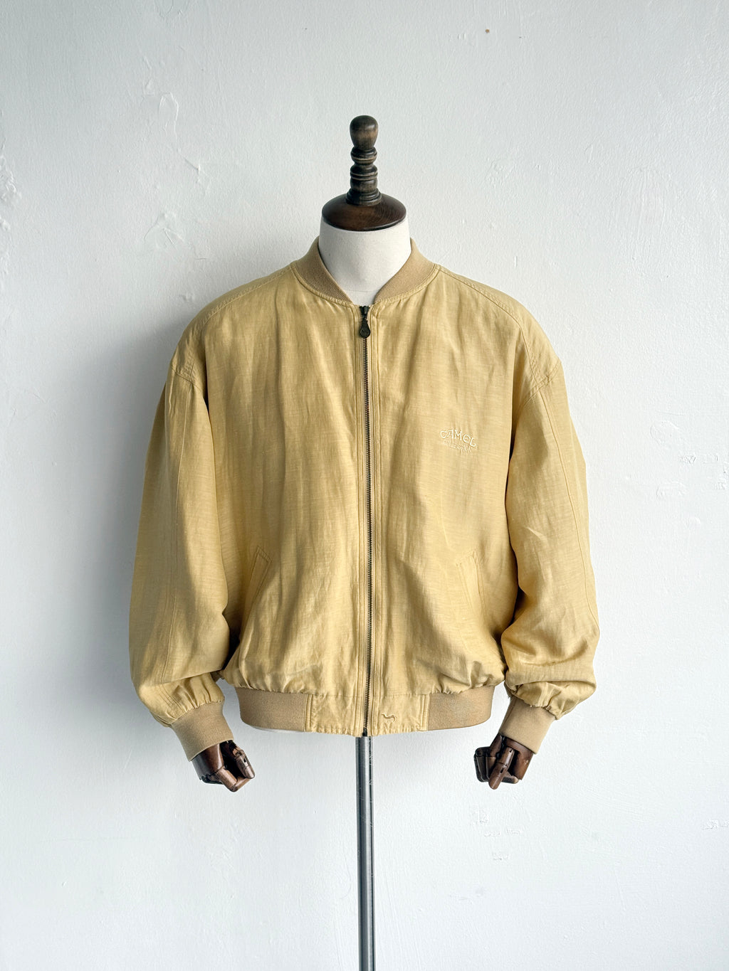 Camel Collection Silk Linen 90's Vintage Bomber Jacket - Large