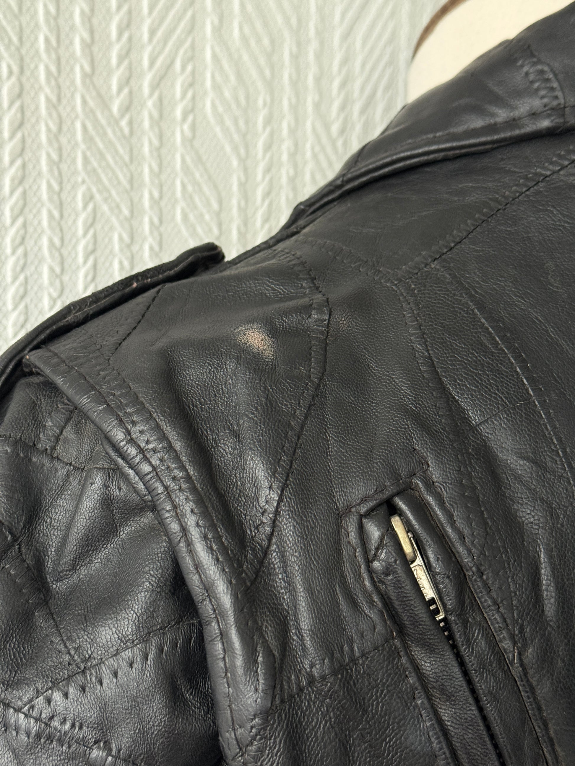 Black 80's Vintage Leather Biker Jacket- Medium