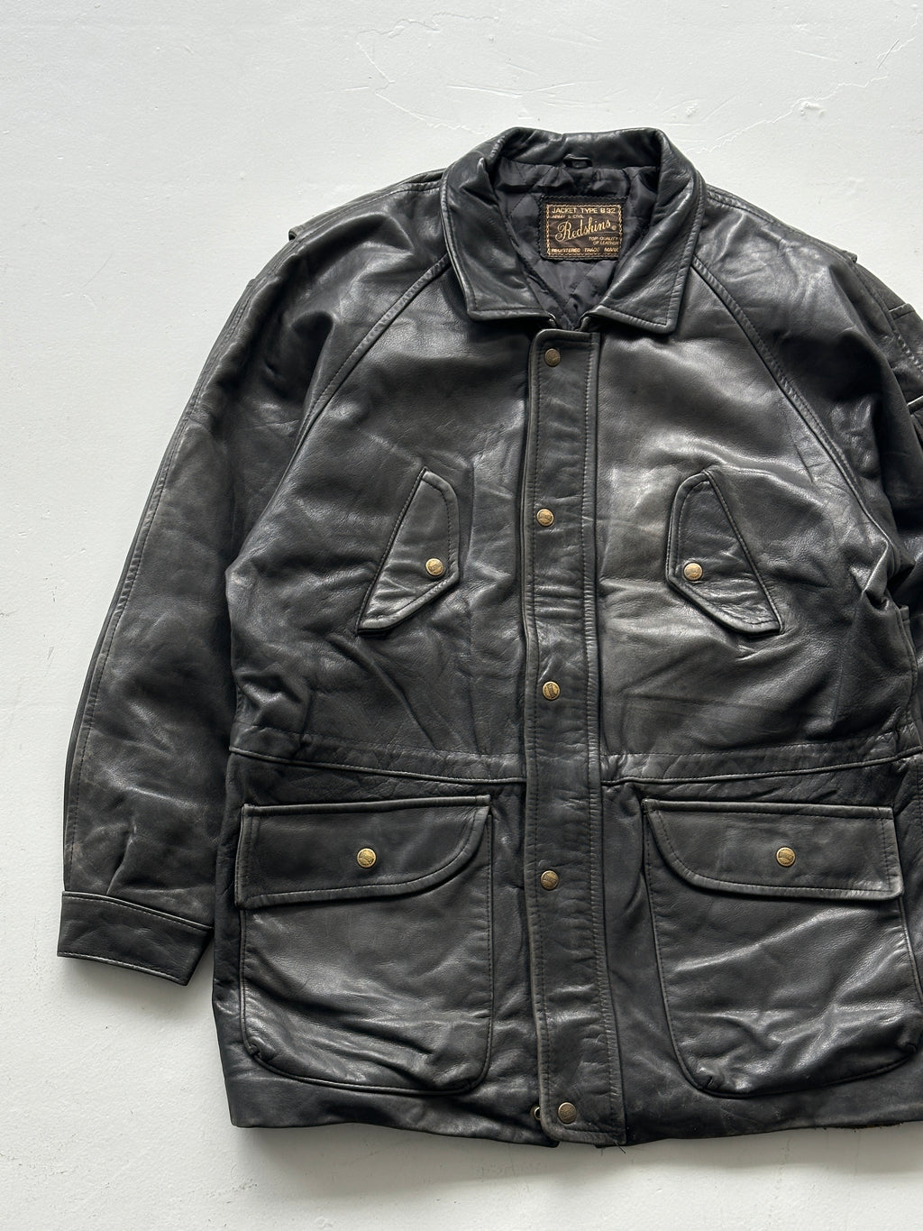 Black Vintage Redskins Leather Jacket 90's Army & Civil B32 - Large
