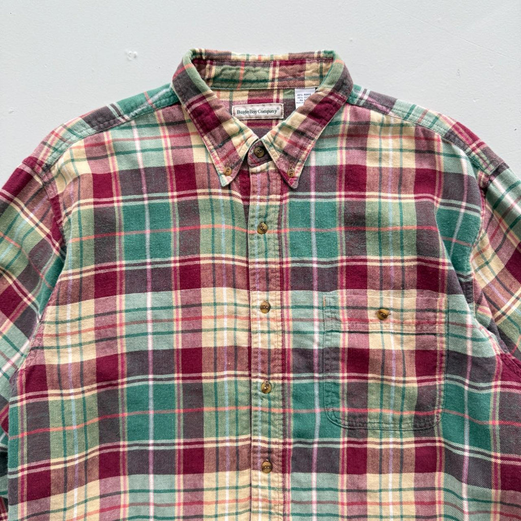 Green and Red Checkered Long Sleeve 90s Vintage Flannel Shirt - Large