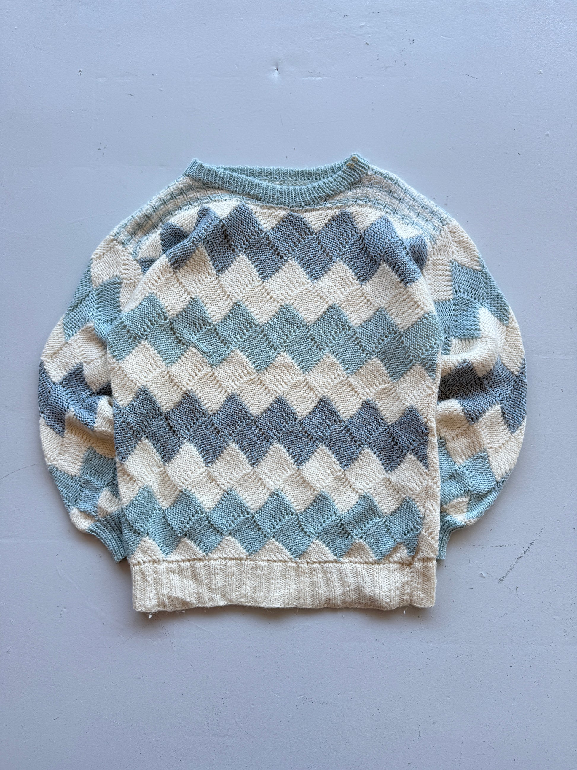 Cream Blue Argyle Knitted Vintage 90's Jumper - Medium