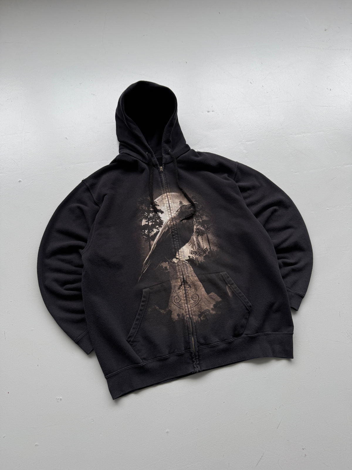 Black Gothic Raven Y2K Vintage Zip-Up Graphic Hoodie - XL