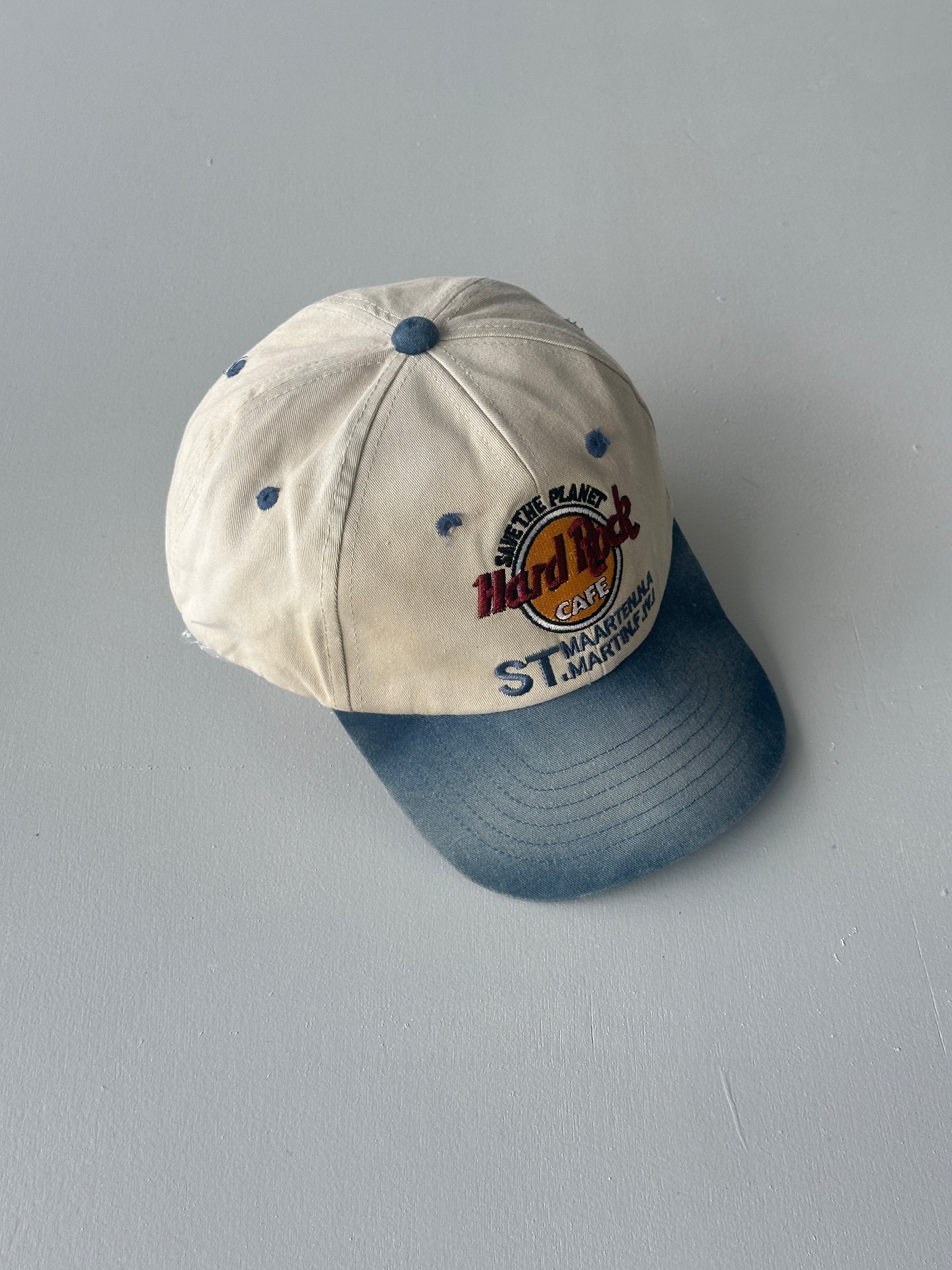 Cream / Blue Hard Rock Cafe St. Maarten 90's Vintage SnapBack Trucker Cap