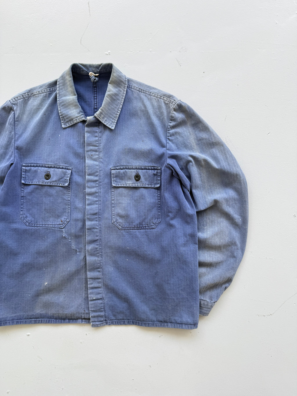 Thrashed Blue Herringbone French Vintage Workwear Chore Jacket CH368 - Small