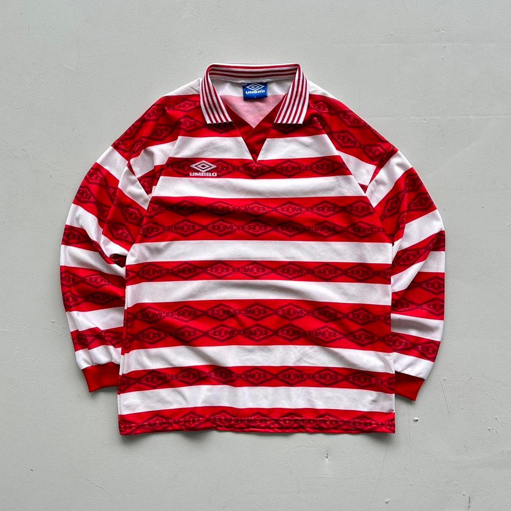 Red Striped 90's Umbro Football Long Sleeved Vintage Shirt - Large
