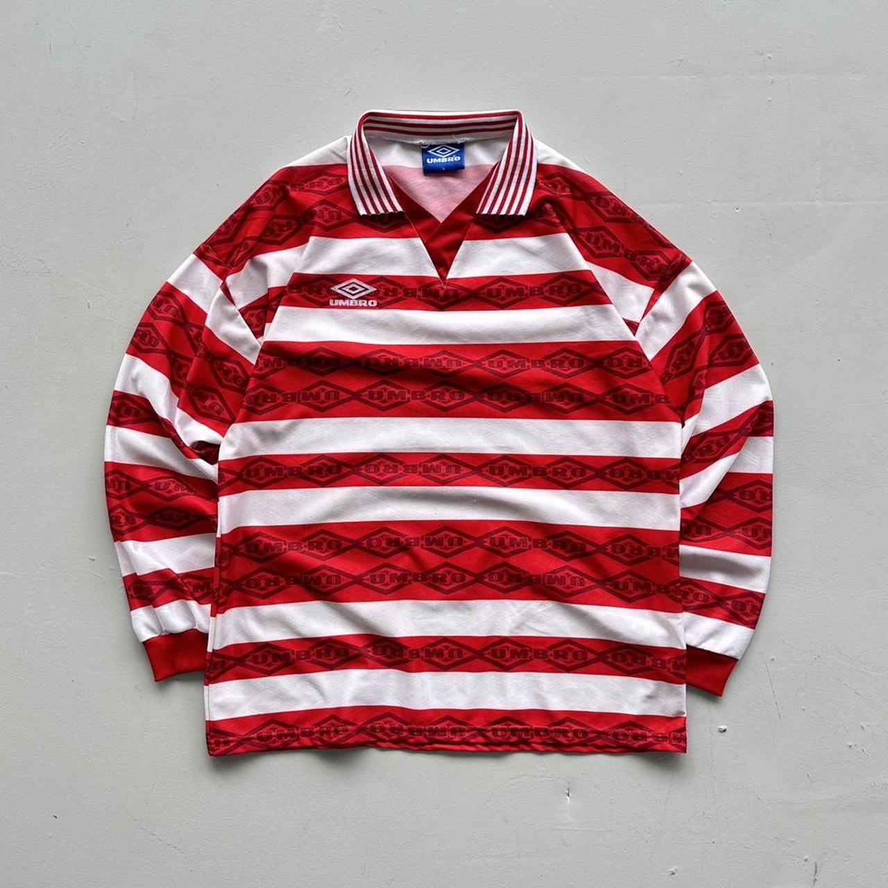 Red Striped 90's Umbro Football Long Sleeved Vintage Shirt - Large
