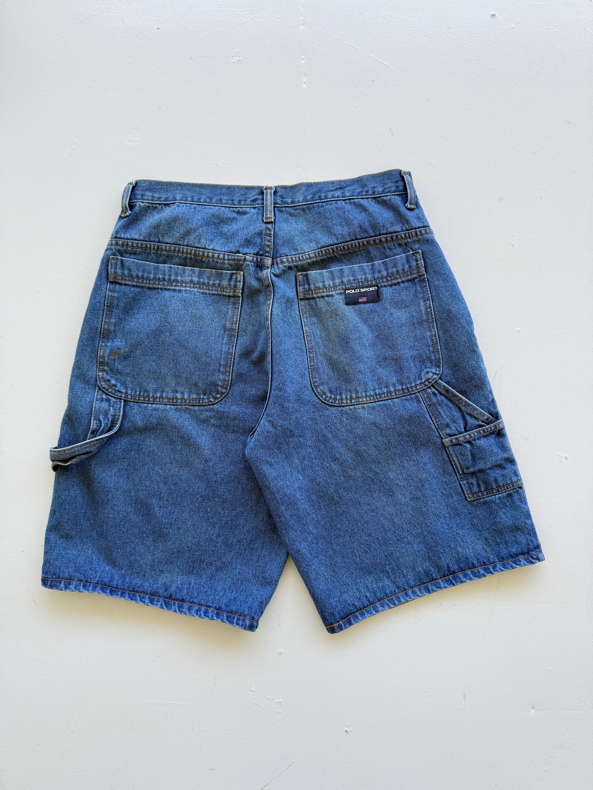 Mid Blue Polo Sport 90's Vintage Baggy Carpenter Denim Shorts - W34 x L12