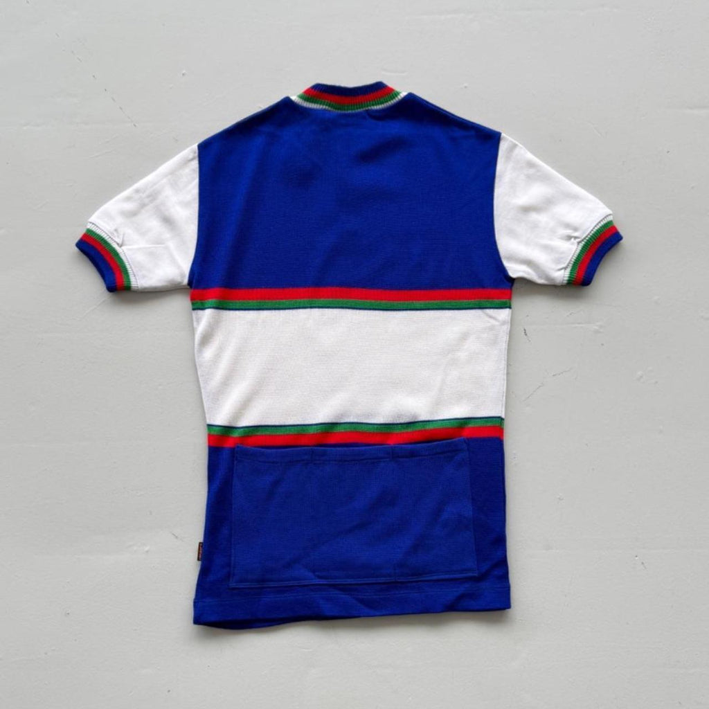 Blue Striped Flower 80's Deadstock Knit Cycling Jersey - Small