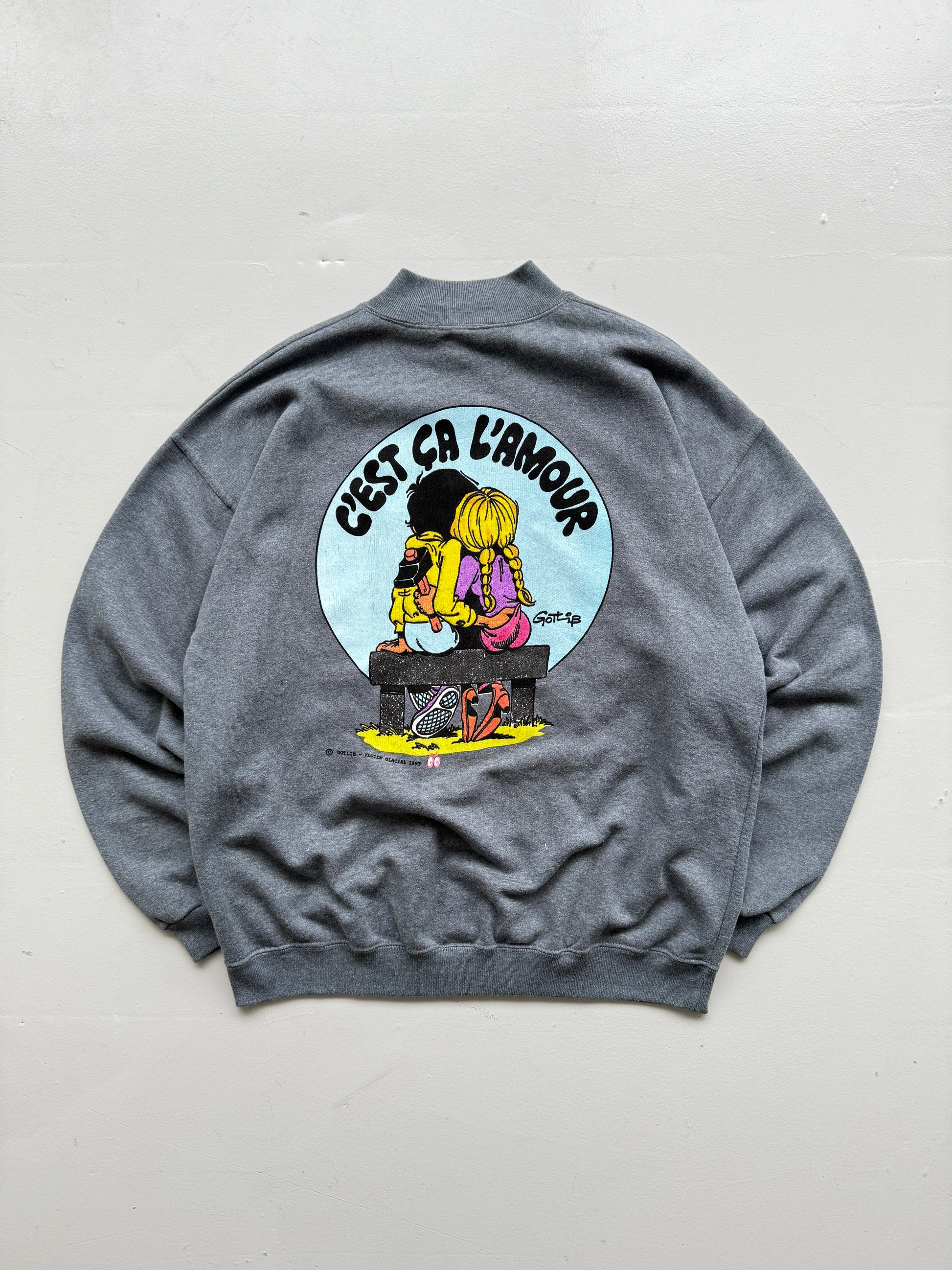 Grey French Cartoon 90's Vintage Graphic Sweatshirt Jumper - Large