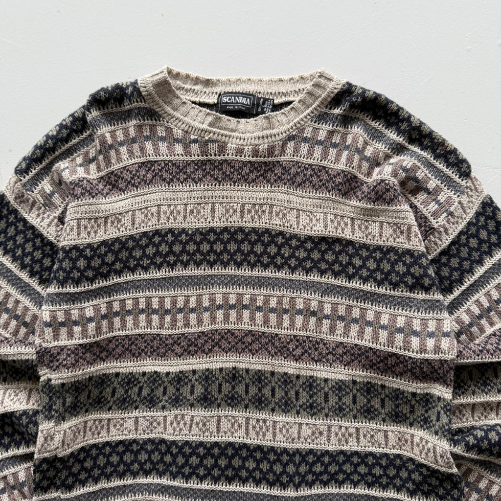 Brown Striped 90’s Vintage Geometric Knit Jumper - Large