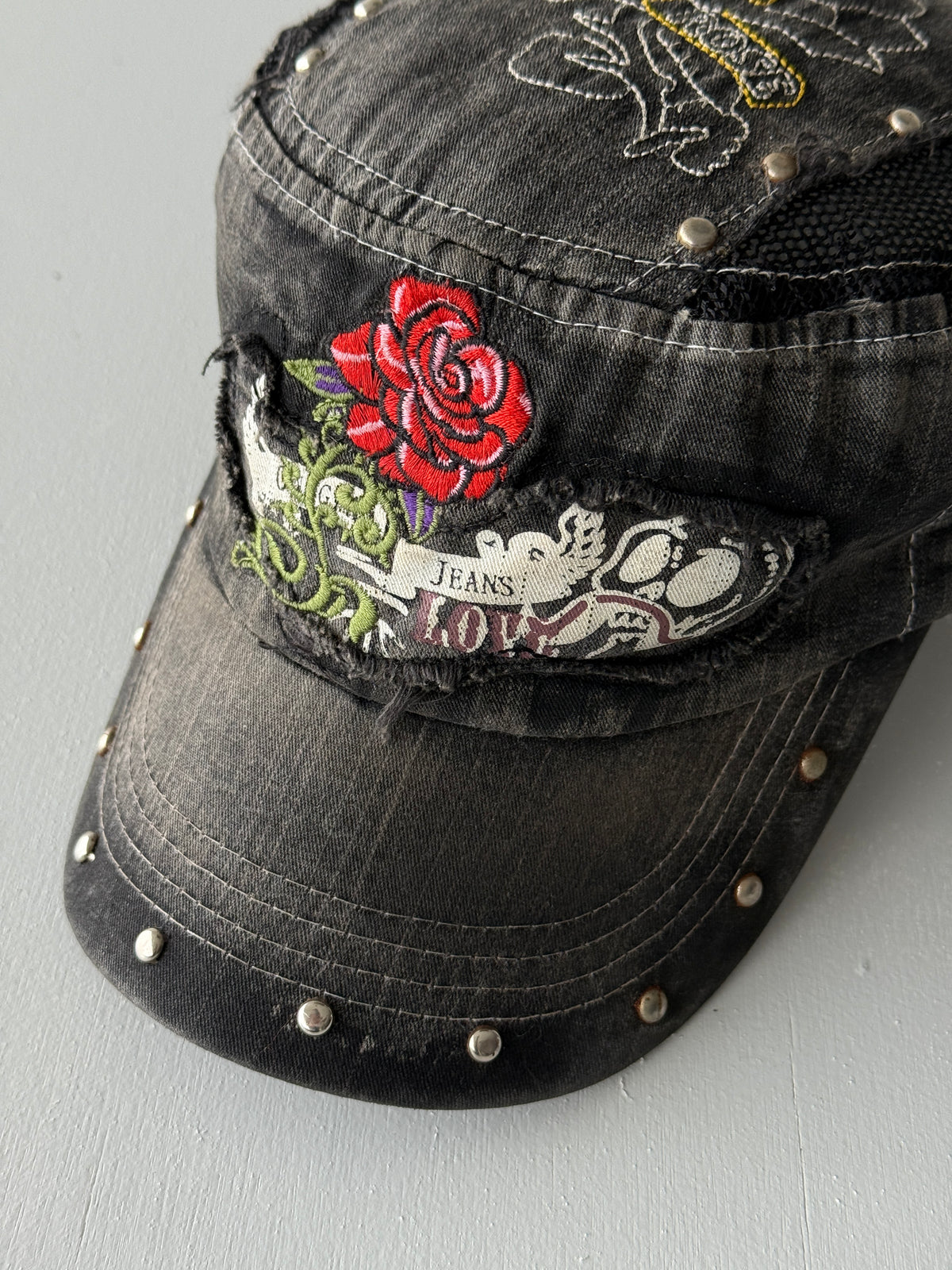 Grey Rose Studded Distressed Y2K Cadet Cap Military Style 00's Grunge Aesthetic