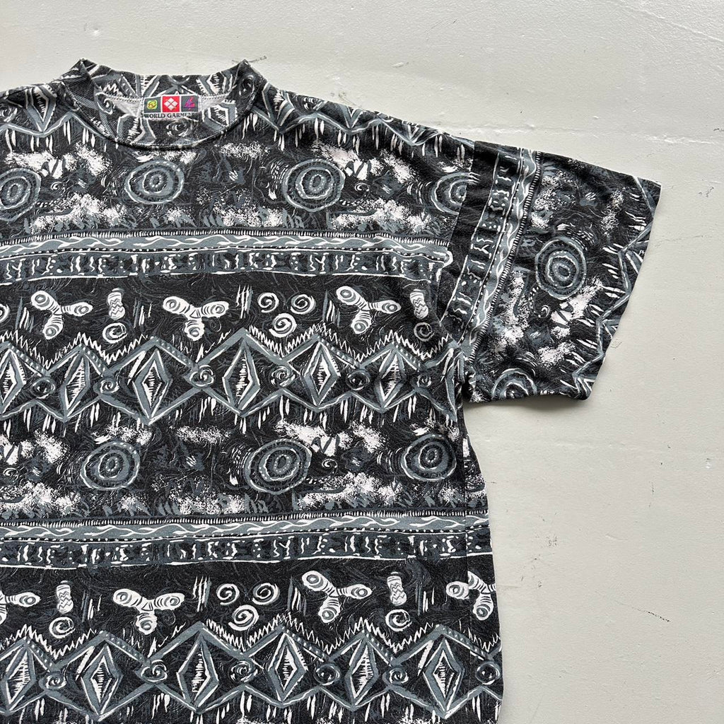 Grey Patterned Surf 90s Vintage Graphic T-Shirt - Boxy XL