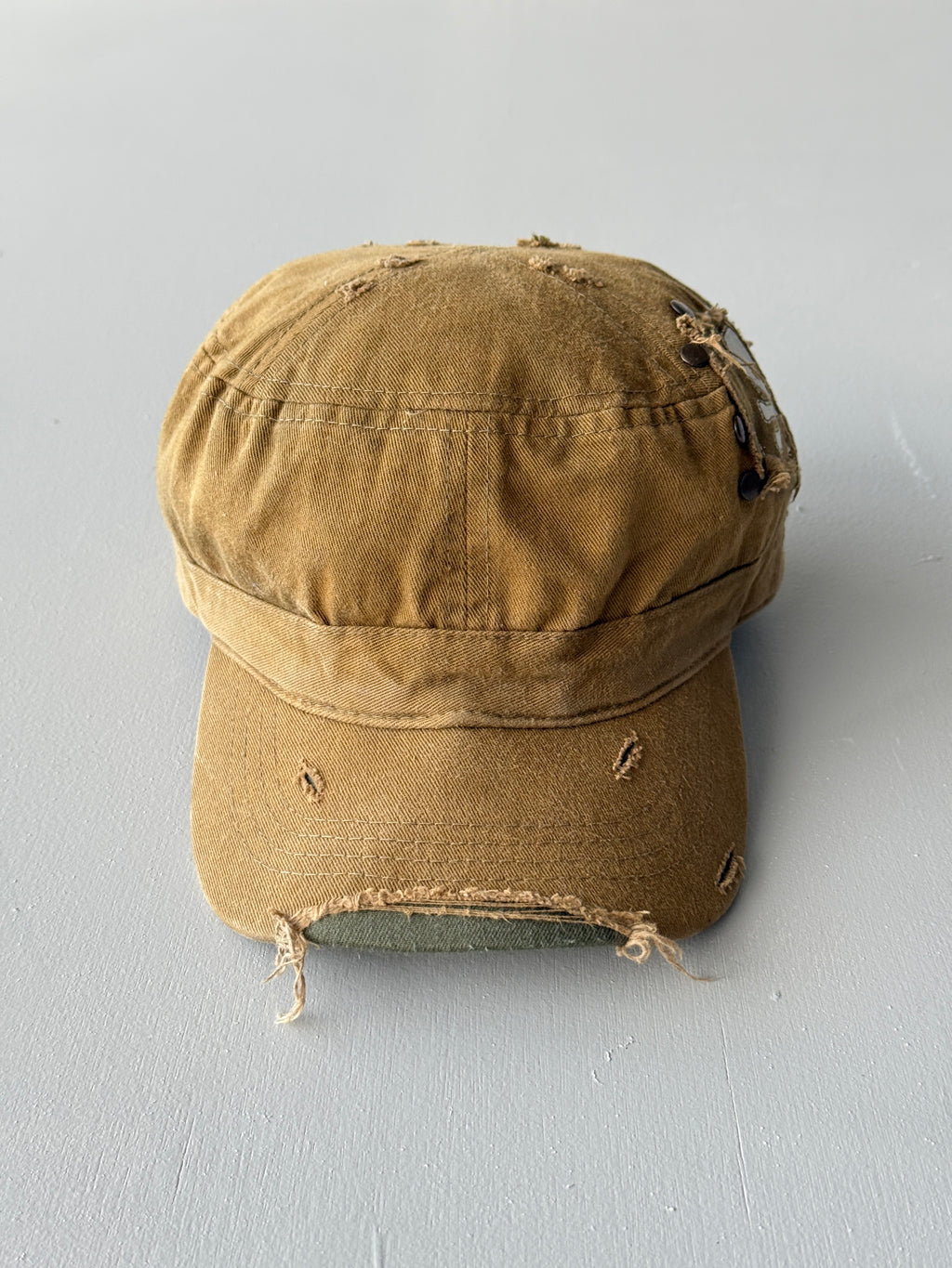 Khaki Brown Distressed Y2K Cadet Cap Military Style 00's Grunge Aesthetic