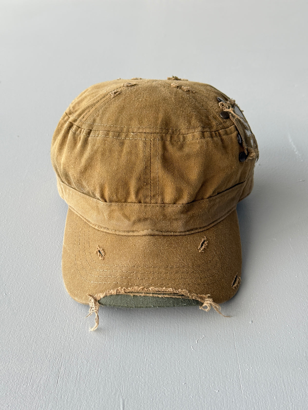 Khaki Brown Distressed Y2K Cadet Cap Military Style 00's Grunge Aesthetic