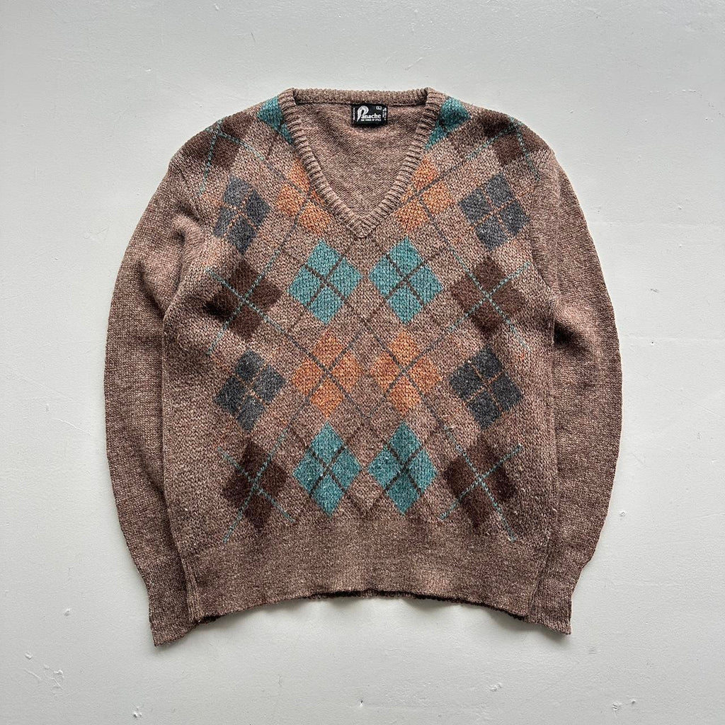 Brown Argyle Panache 90s Vintage Woollen Knit Jumper - Medium