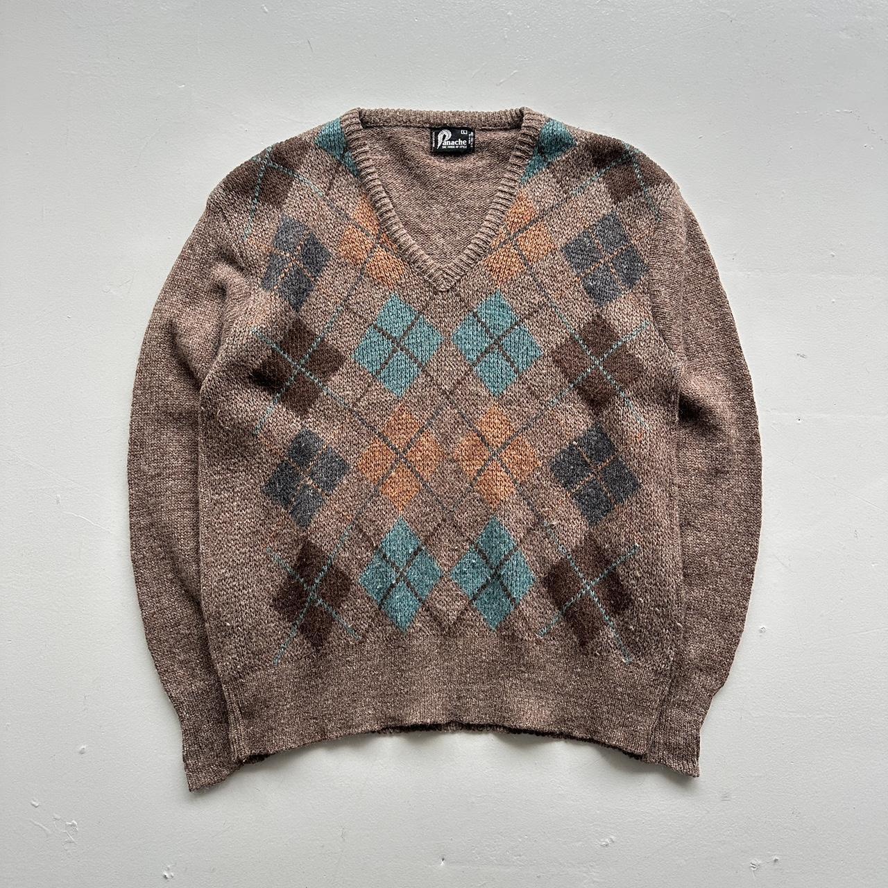 Brown Argyle Panache 90s Vintage Woollen Knit Jumper - Medium