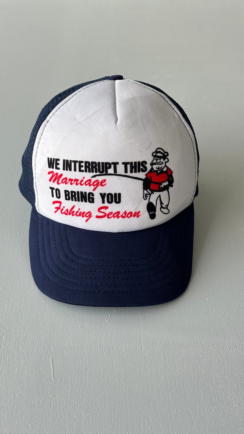 White / Navy Fishing Season 90's Vintage Foam and Mesh SnapBack Trucker Cap