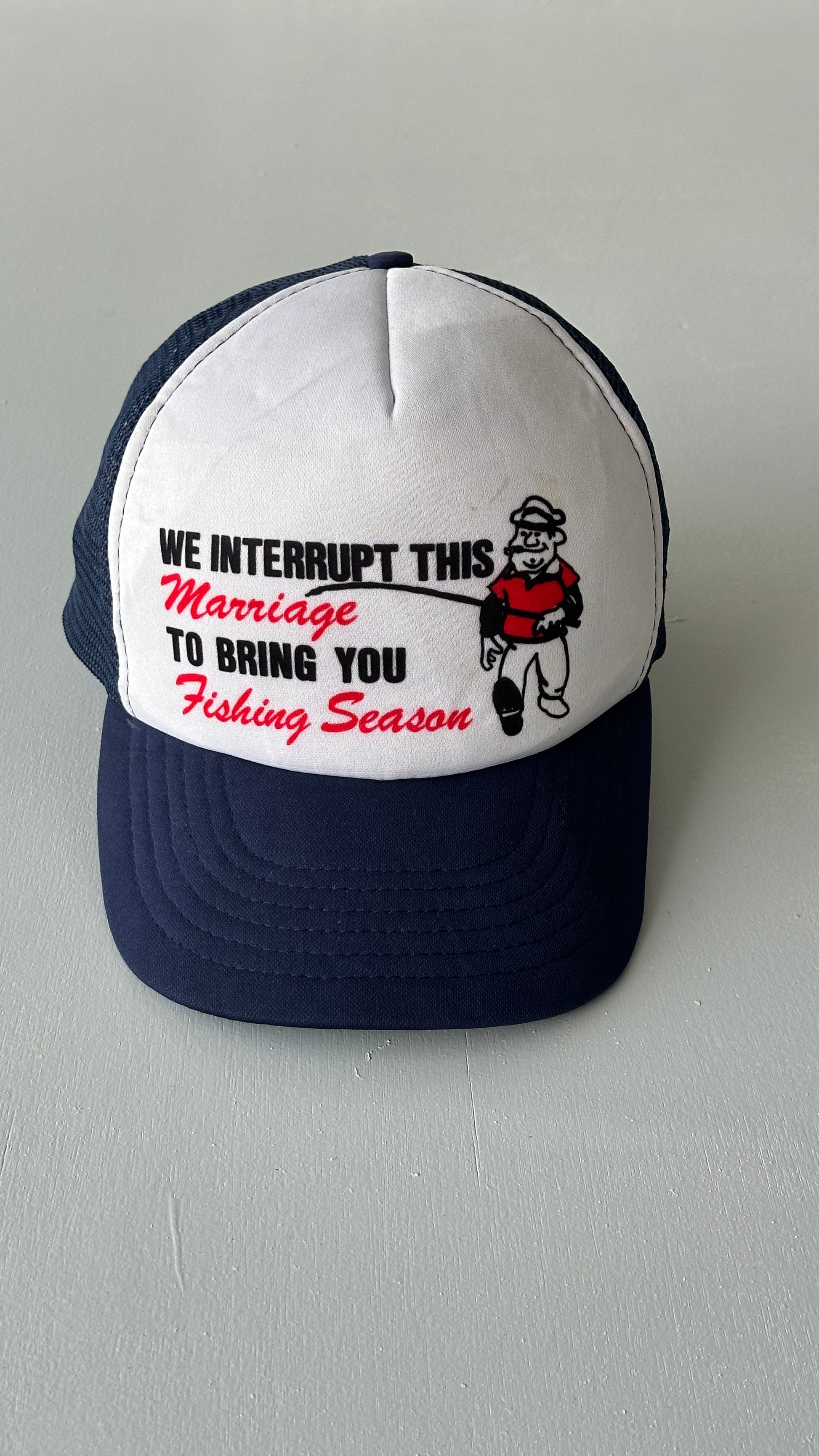 White / Navy Fishing Season 90's Vintage Foam and Mesh SnapBack Trucker Cap