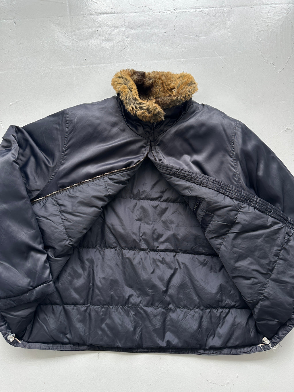 Navy Lands End Vintage 00's Goose Down Faux Fur Puffer - Womens Large 14-16