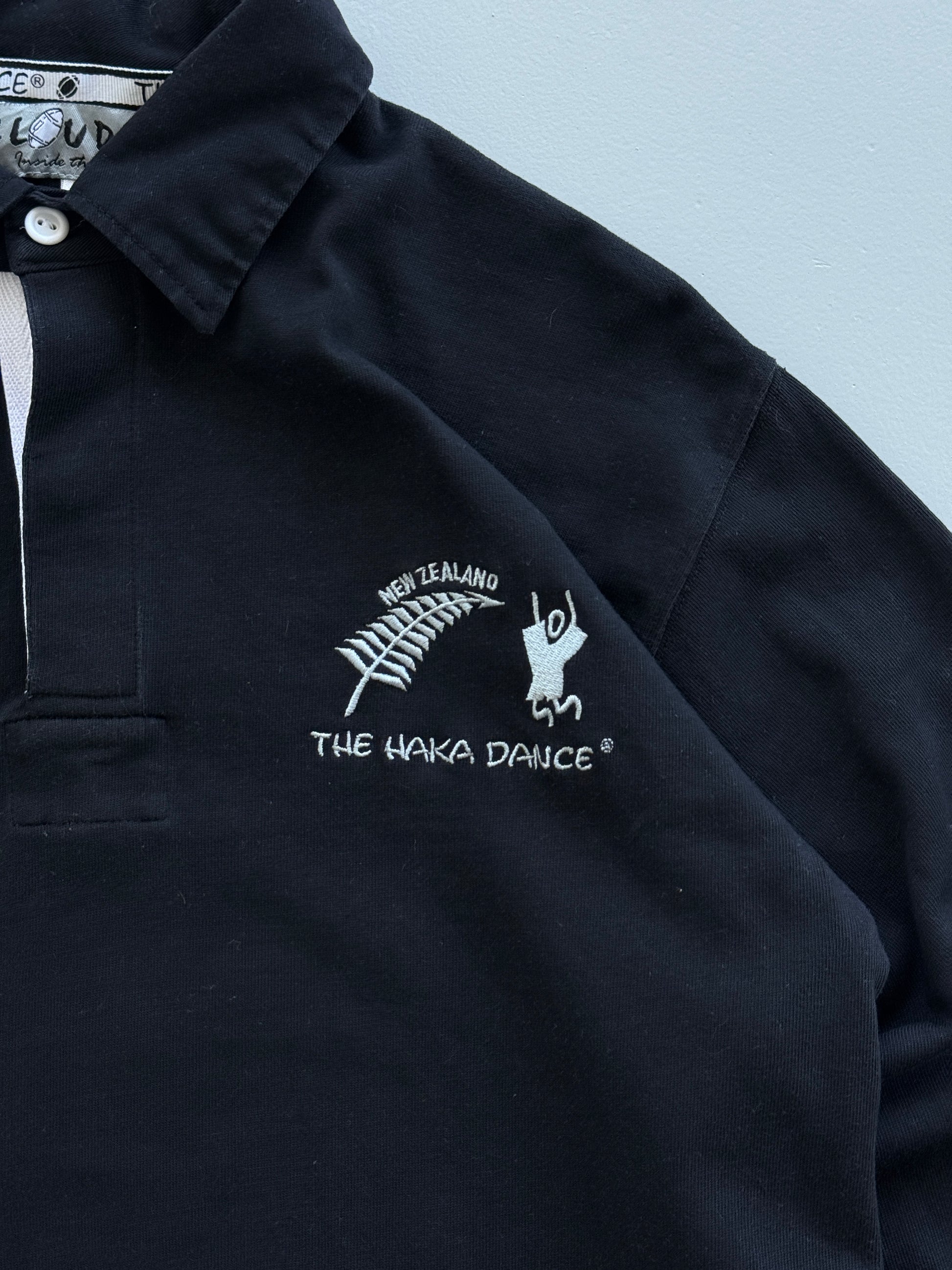 Black New Zealand Rugby 00's Vintage Haka Dance Graphic Polo Shirt - Medium