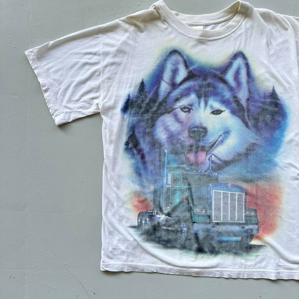 White Airbrushed Husky / Trucker Vintage 90's T-shirt - XL